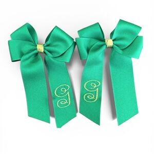 Green Equestrian Show Bows Gold Monogram Ribbon Pair Classic Pony Club